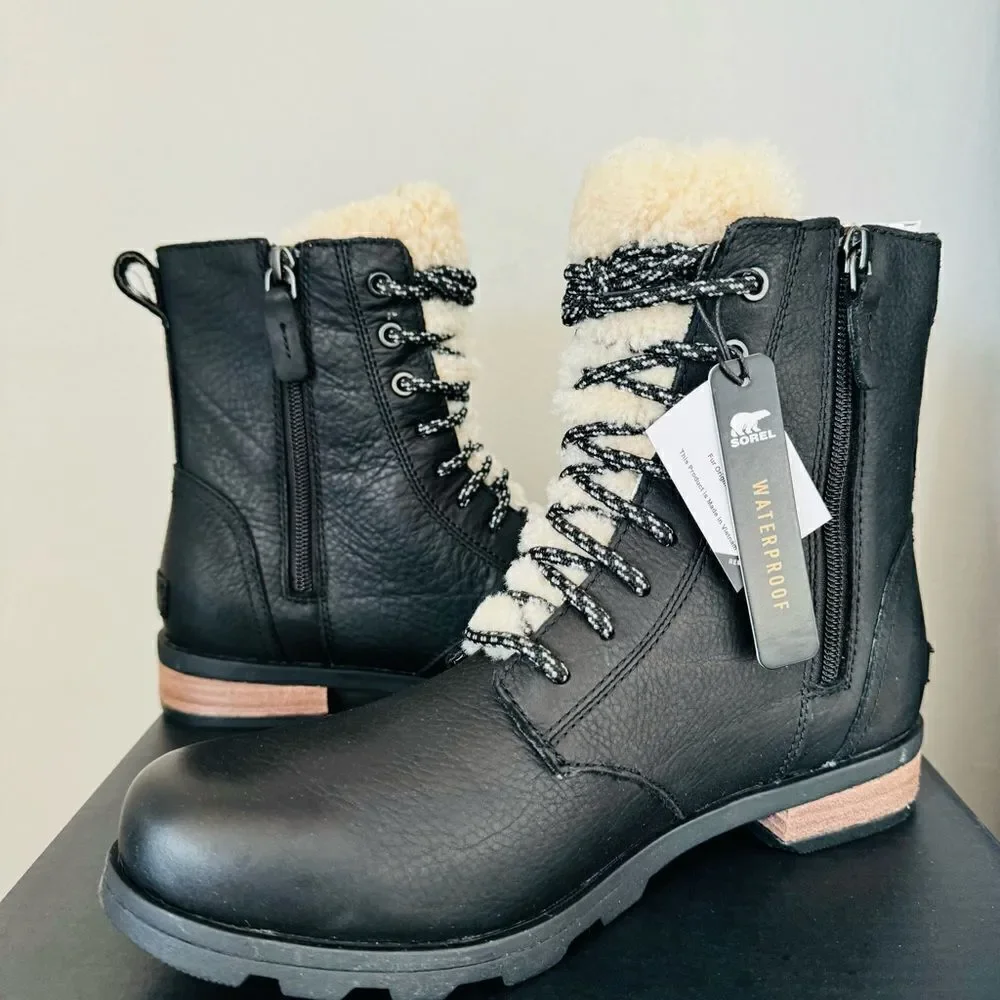 SOREL Emelie Genuine‎ Shearling Lamb Fur Short Lace-Up Boot, Black, NWT